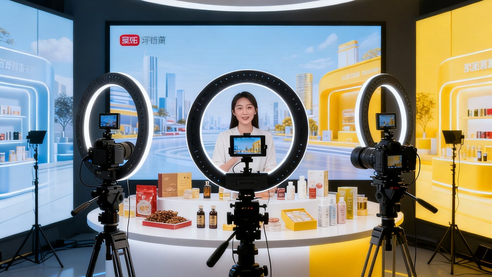 现代化电商直播间全景画面，环形专业补光灯均匀照亮产品展示区域，三台4K摄像机从不同角度同步捕捉主播与商品细节，背景为品牌定制虚拟场景大屏