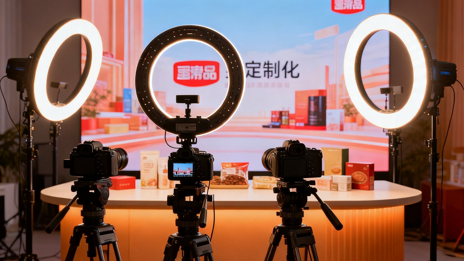 专业电商直播间搭建场景，三盏环形LED补光灯呈弧形围绕产品展示台，前方架设三台4K摄像机，背景为定制化品牌虚拟大屏，整体色调温暖而专业
