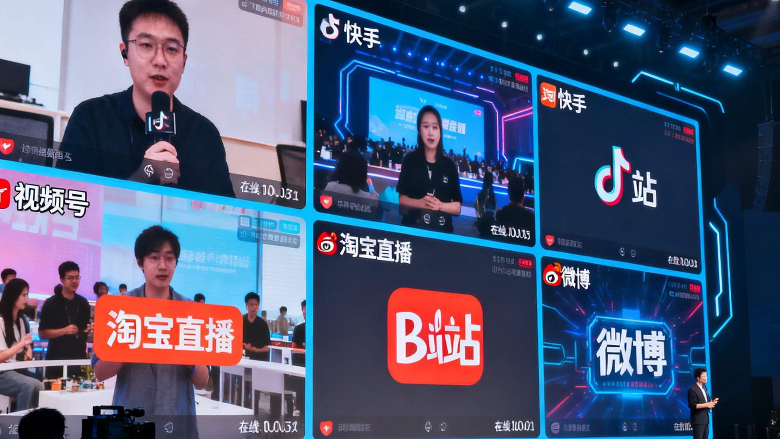 企业发布会多平台同步直播场景，主舞台大屏被分为6个区域，分别实时显示抖音、快手、视频号、B站、淘宝直播、微博的直播画面与在线人数，所有平台信号同步无延迟