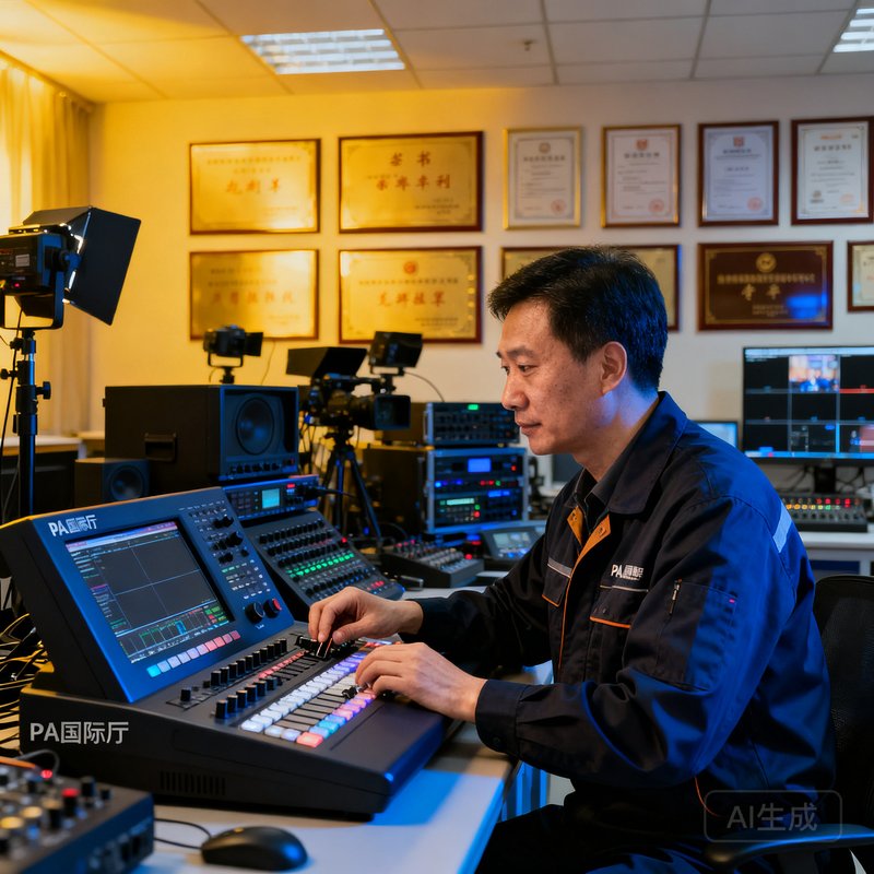 PA国际厅创始人兼首席技术官张明远，身穿深色工程师工装，在布满各种直播设备的实验室中专注调试一台4K导播一体机，背景满墙的荣誉证书与专利牌