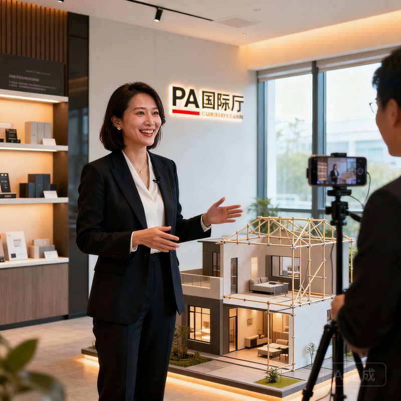 PA国际厅联合创始人兼COO林婉如，身着干练的商务套装，站在公司客户体验展厅内，面对直播间实景样板间向客户讲解搭建方案，笑容专业而亲和